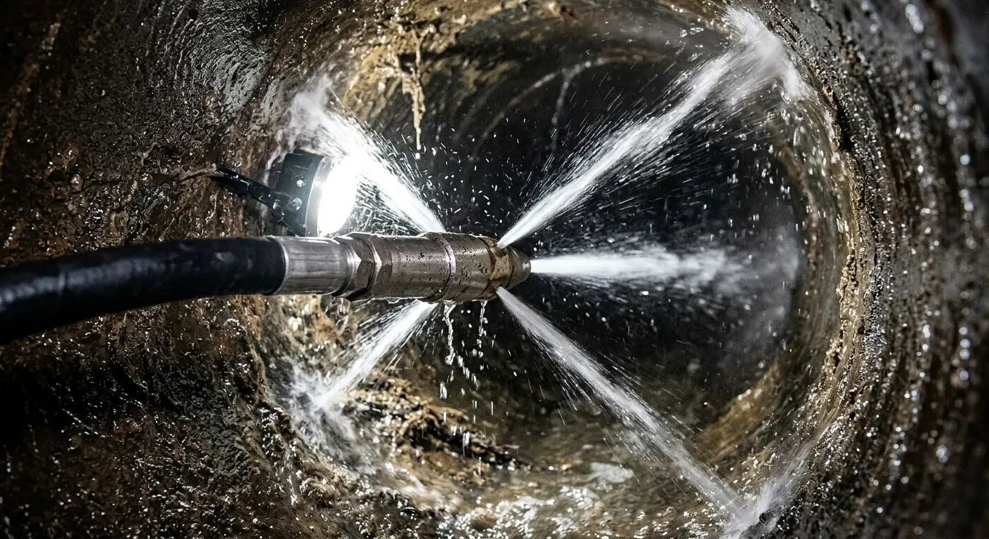 High-pressure hydro jetting nozzle cleaning sewer pipe for Emergency Drain Service in Shelton