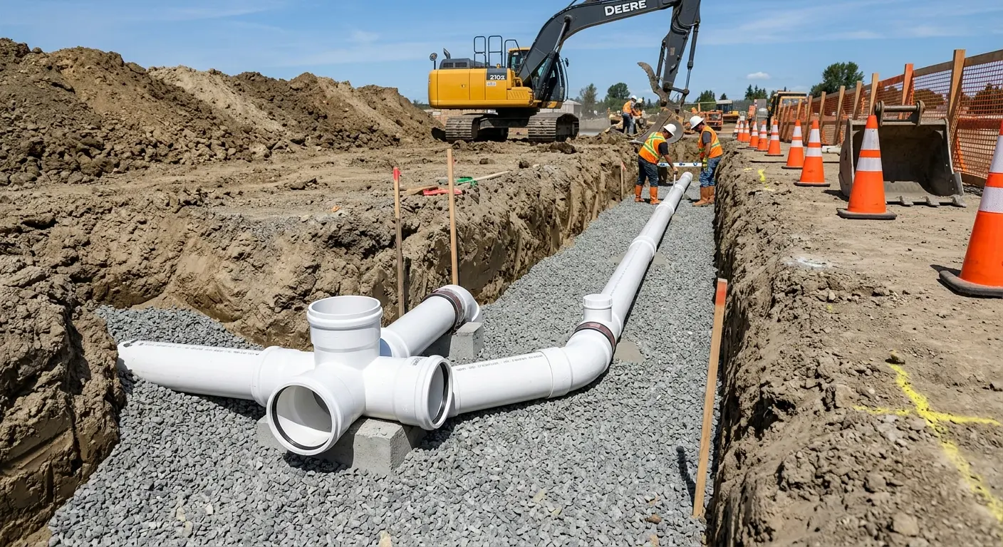 New PVC sewer pipe installation in open trench for Commercial Drain Cleaning in Shelton
