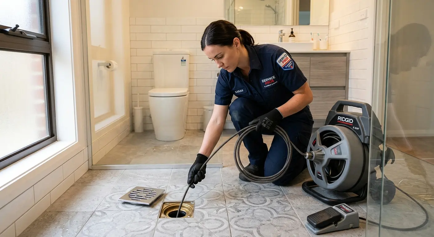 Technician clearing a bathroom floor drain for Hydro Jetting in Shelton